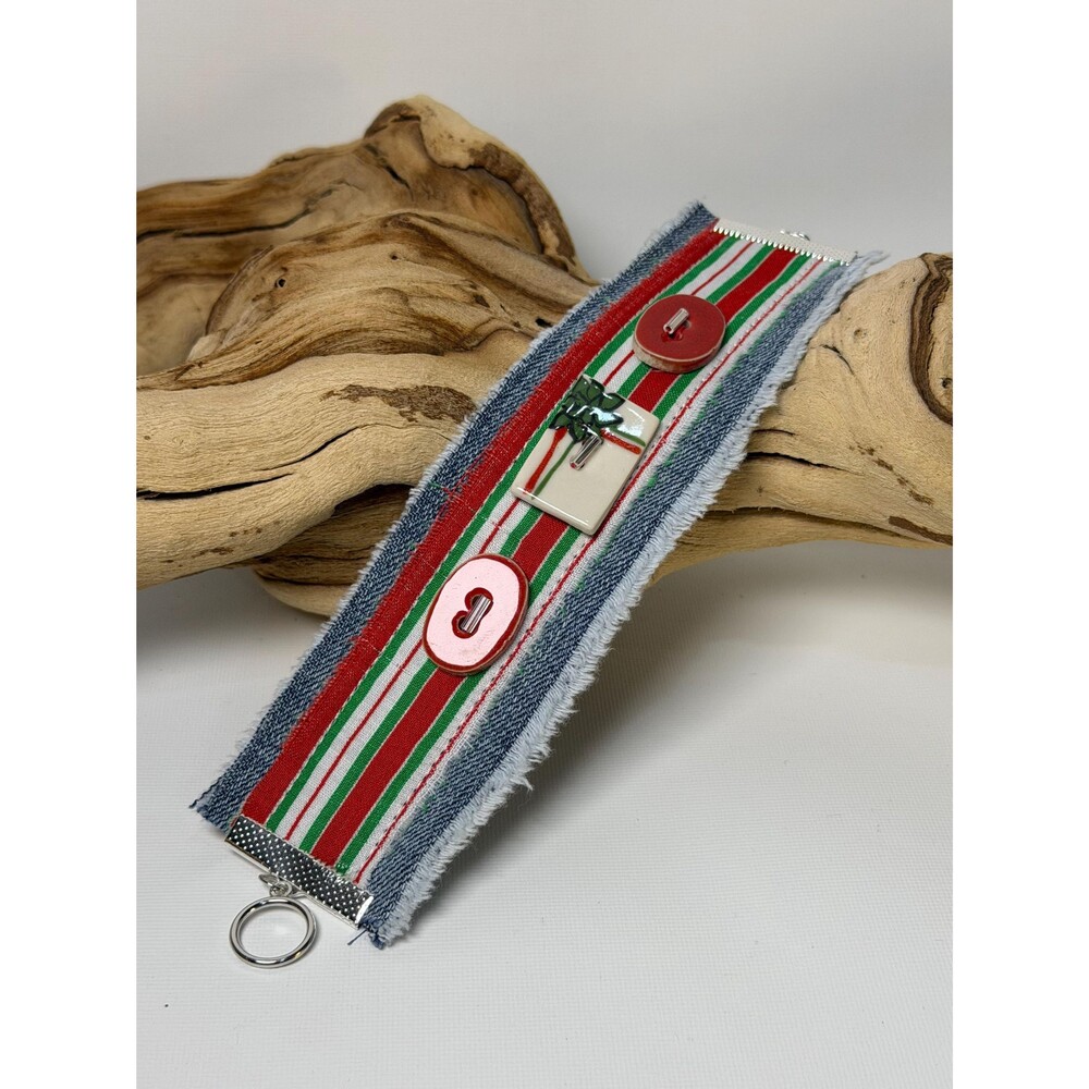 Handmade Christmas Cuff Bracelet, Red Green White Striped Textile, Jewelry